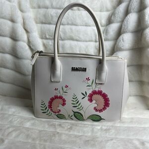 Kenneth Cole Reaction white vegan leather satchel pink flowers appliqué accents